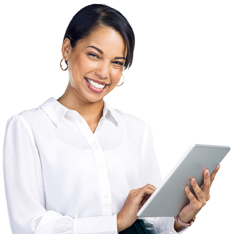 person smiling and holding tablet